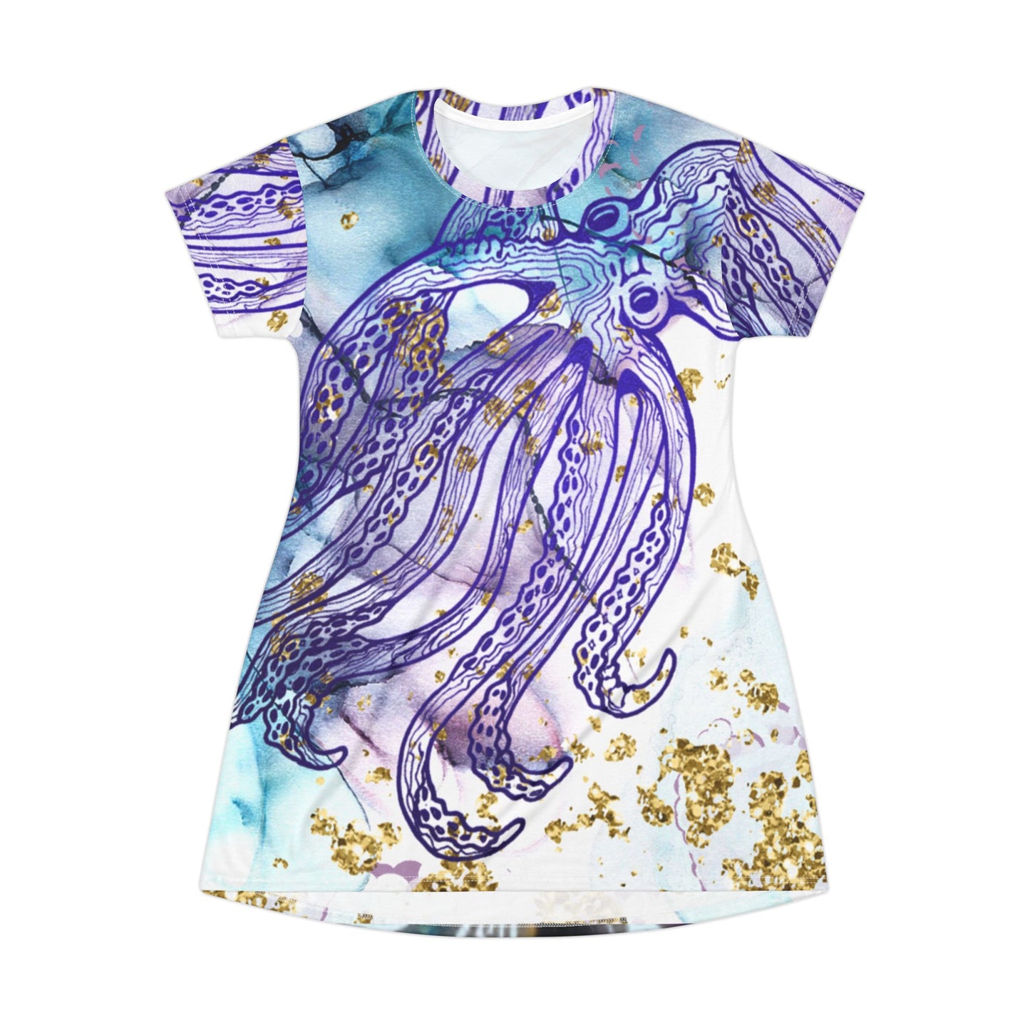 Octopus Watercolor T-Shirt Dress — Blue Purple Sea Life AOP