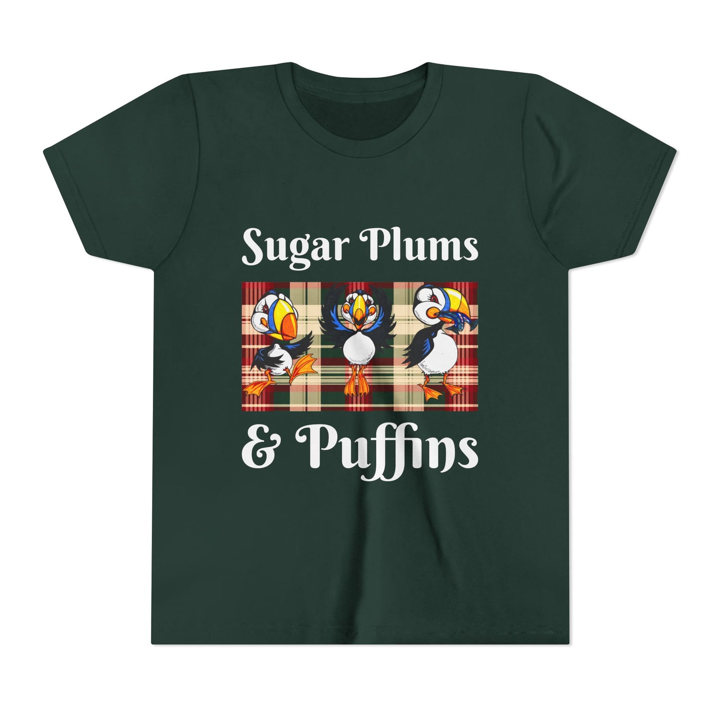 Youth Tee — Cute Christmas Puffin Trio on Plaid |