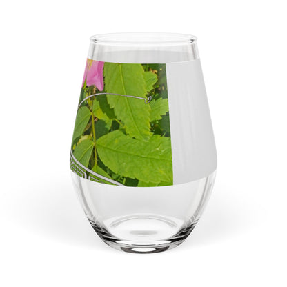 Stemless Wine Glass with Dragonfly & Pink Flower Nature Design — 11.75 oz