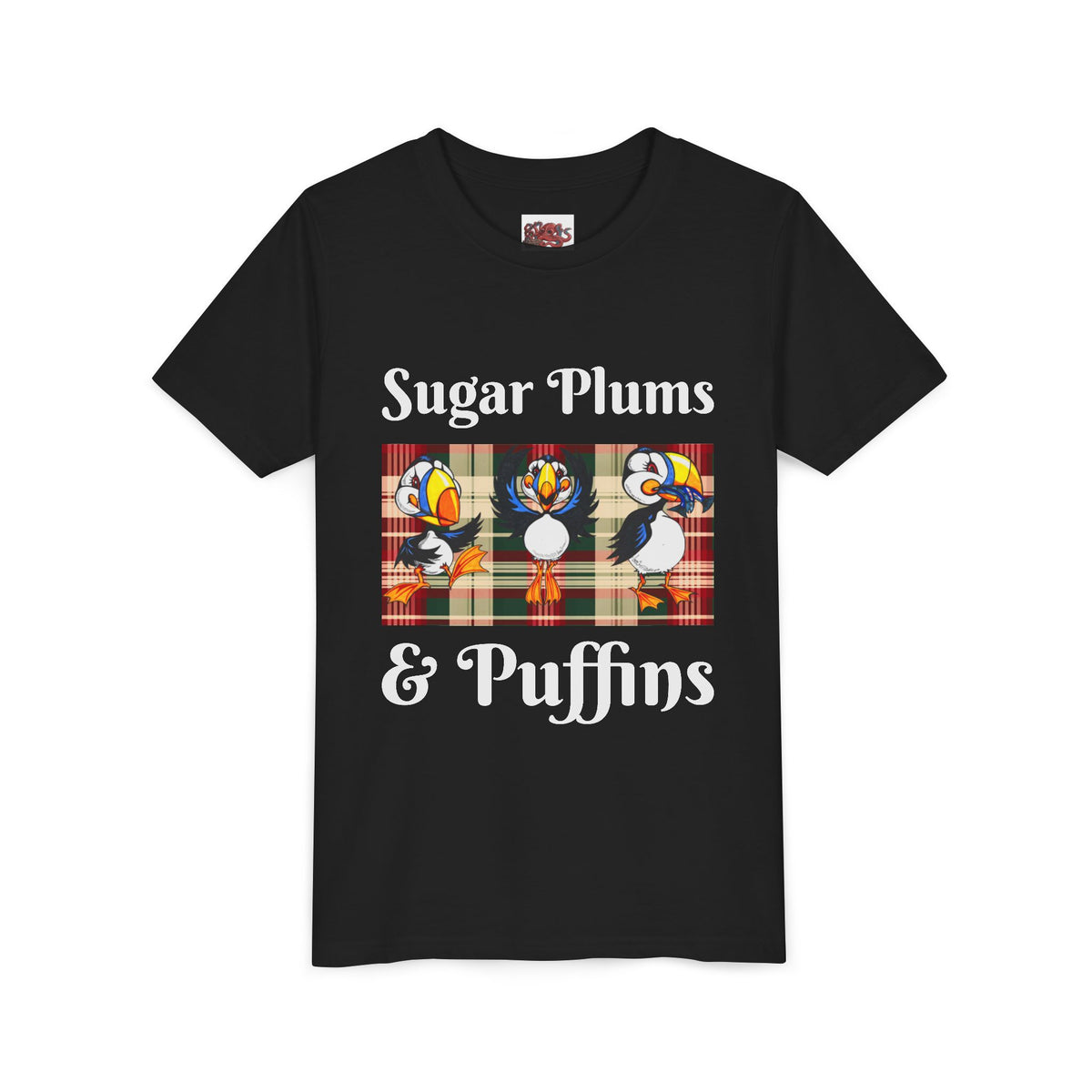 Youth Tee — Cute Christmas Puffin Trio on Plaid |