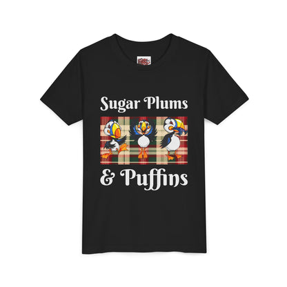 Youth Tee — Cute Christmas Puffin Trio on Plaid |