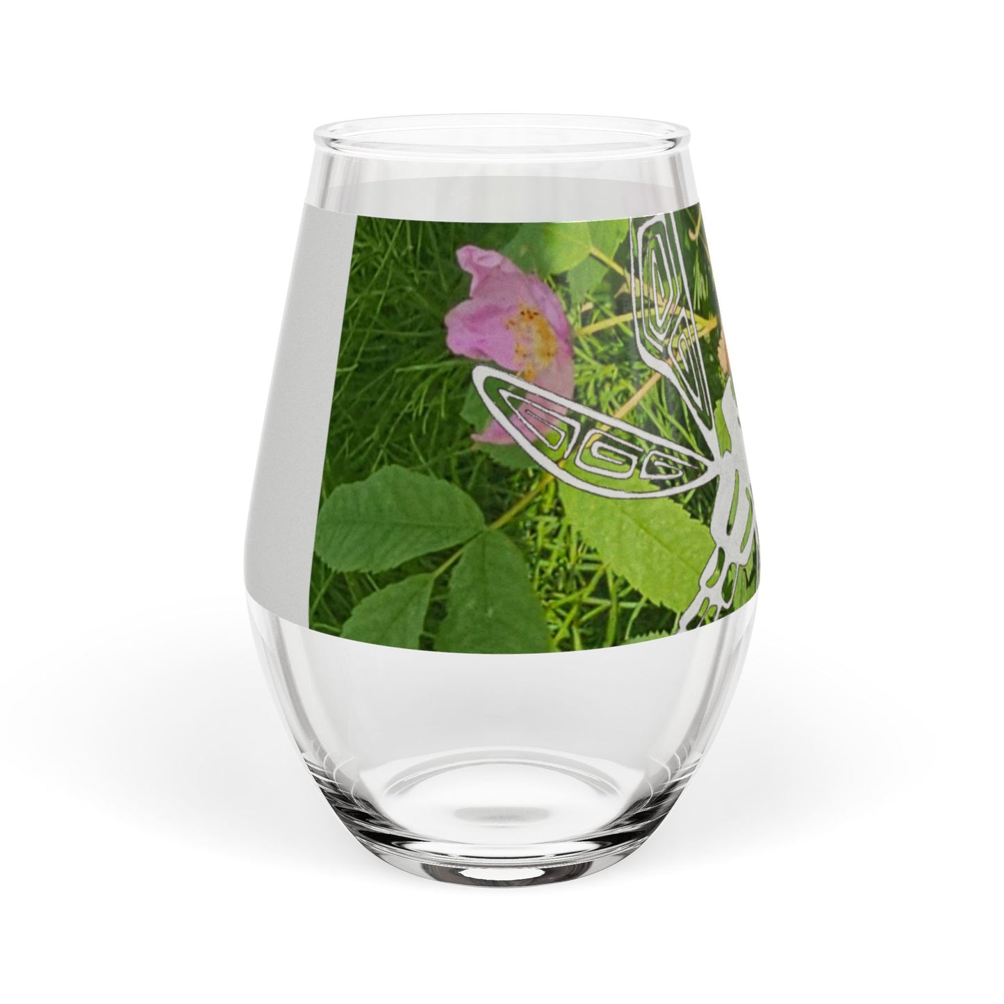 Stemless Wine Glass with Dragonfly & Pink Flower Nature Design — 11.75 oz