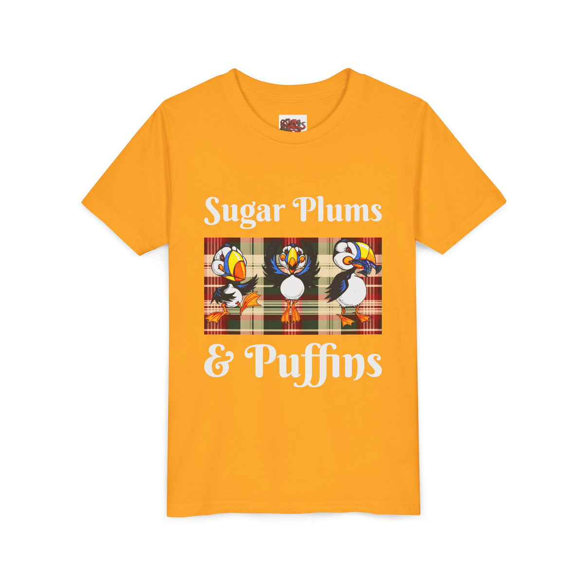 Youth Tee — Cute Christmas Puffin Trio on Plaid |