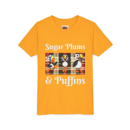 Youth Tee — Cute Christmas Puffin Trio on Plaid |