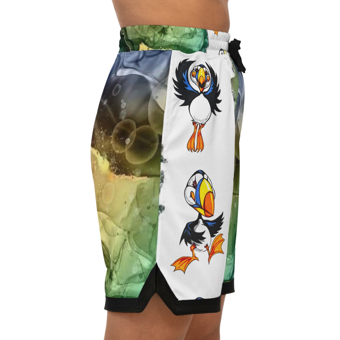 Basketball Shorts — Green Marble & Puffin All-Over-Print Rib Shorts