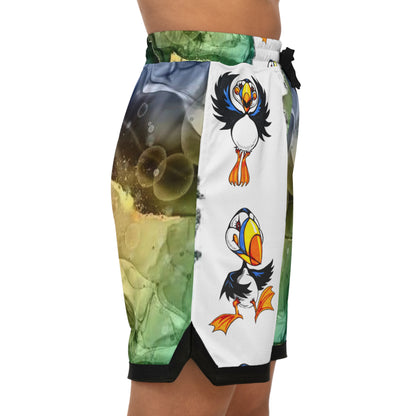 Basketball Shorts — Green Marble & Puffin All-Over-Print Rib Shorts