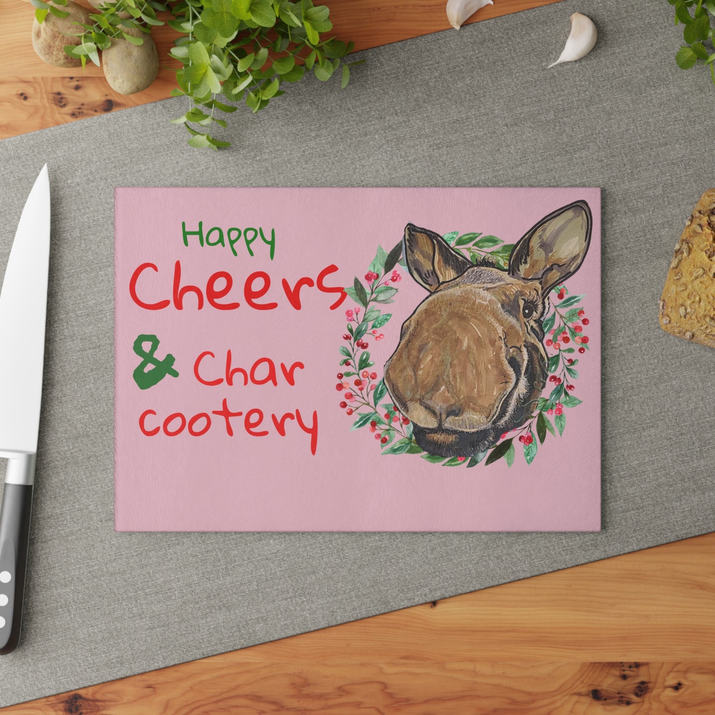 Glass Cutting Board — "Happy Cheers & Charcootery" Moose Design (Funny Kitchen Cutting Board Gift)