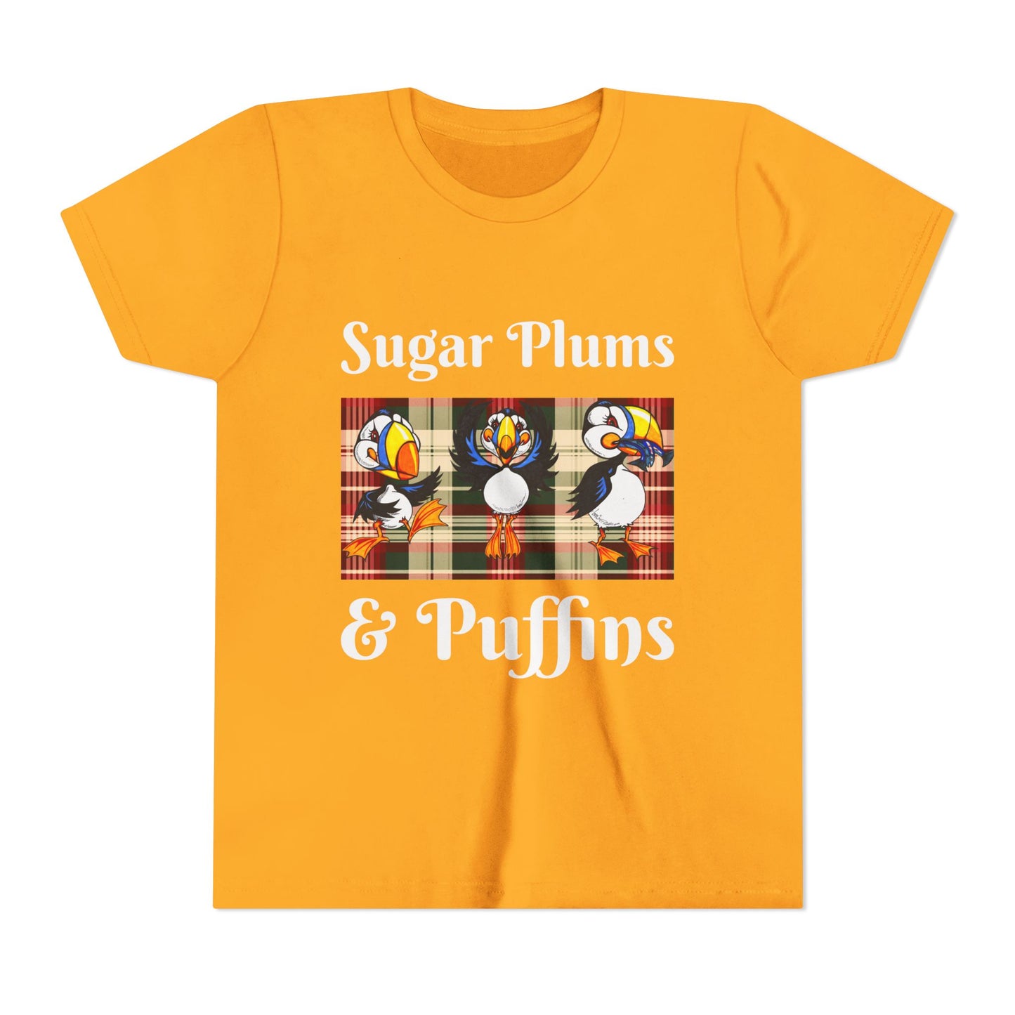 Youth Tee — Cute Christmas Puffin Trio on Plaid |