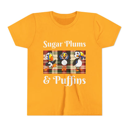 Youth Tee — Cute Christmas Puffin Trio on Plaid |