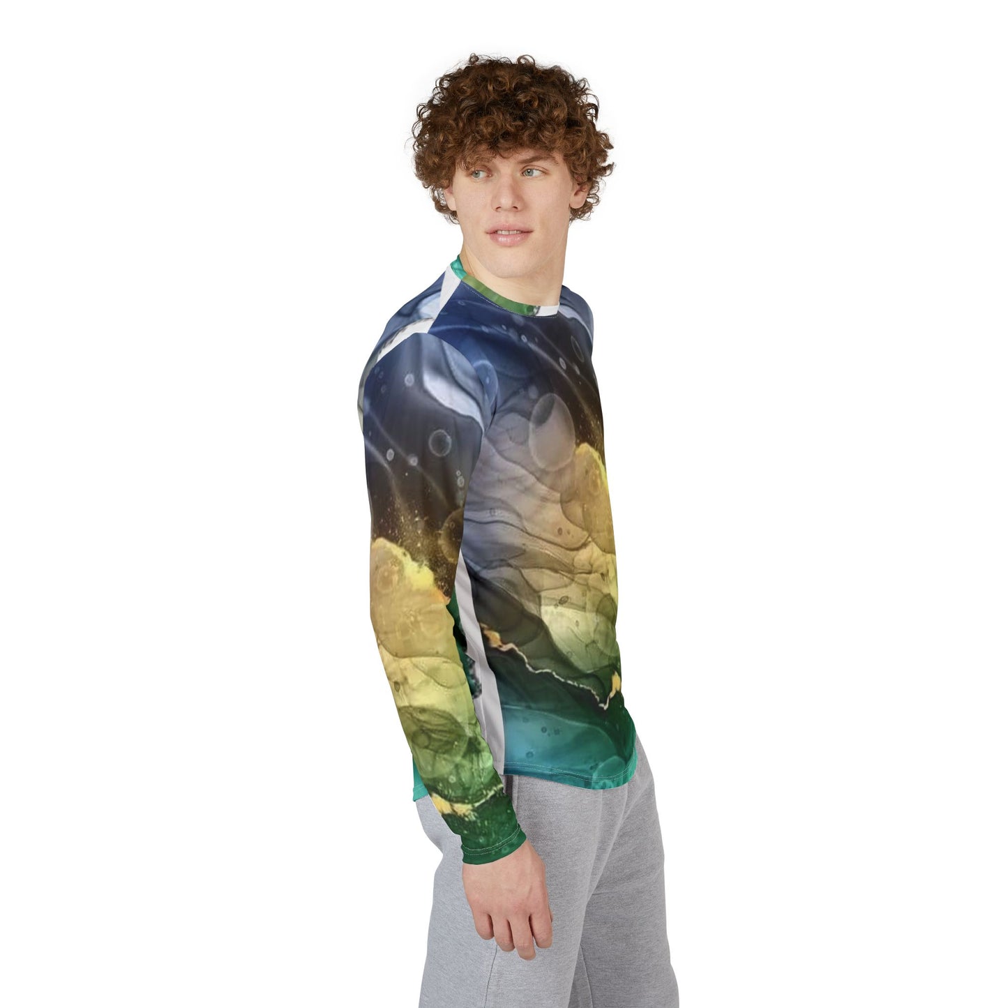 Men's UV Long Sleeve Shirt — Abstract Ocean Green & Gold All-Over Print