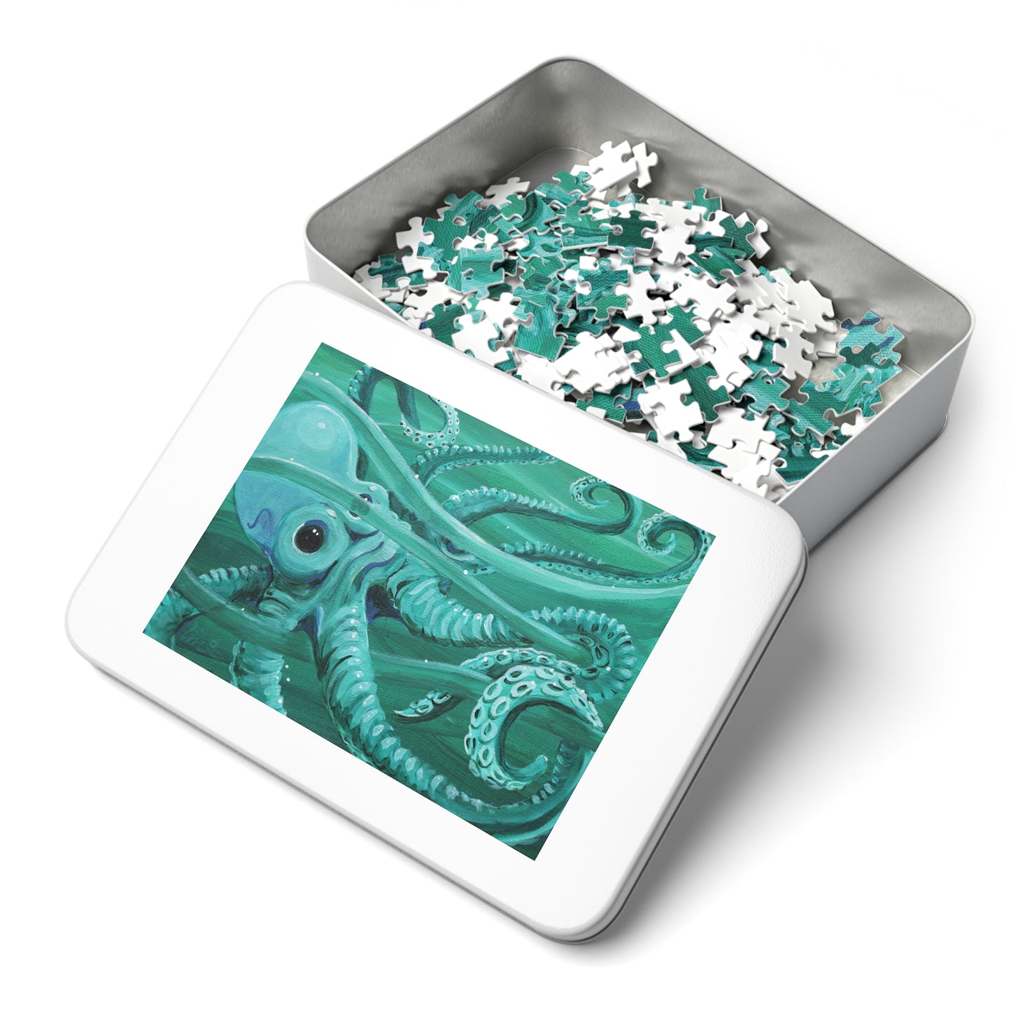 Octopus Jigsaw Puzzle with Tin — Teal Ocean 500-Piece Puzzle Gift