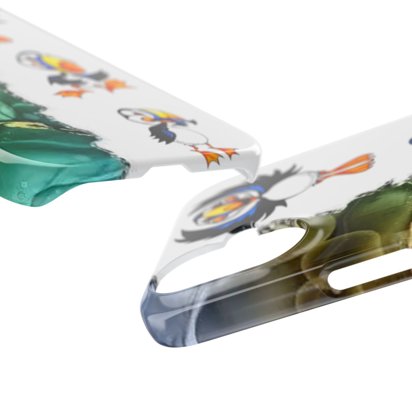 Slim Phone Case – Cute Puffin Pattern with Teal Marble Accent