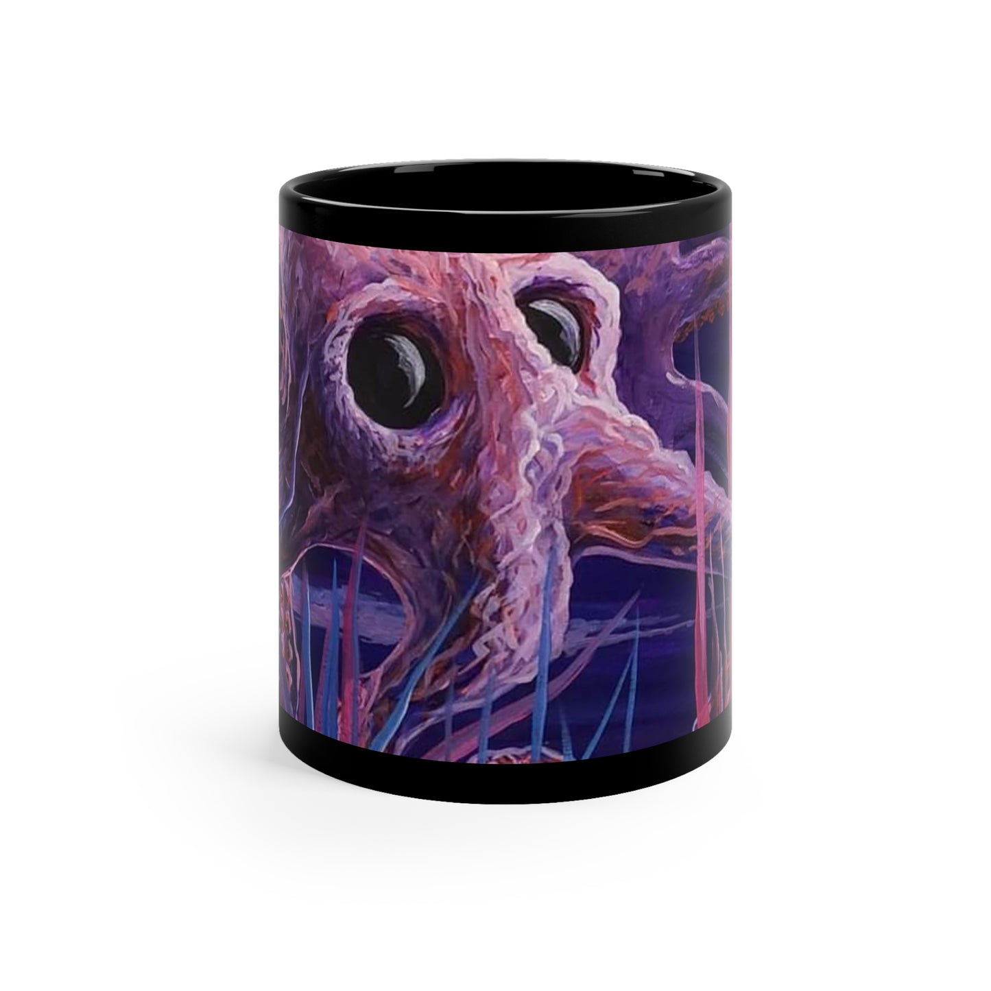 Octopus Nightscape Coffee Mug — Surreal Deep Sea Art, 11oz Black Ceramic