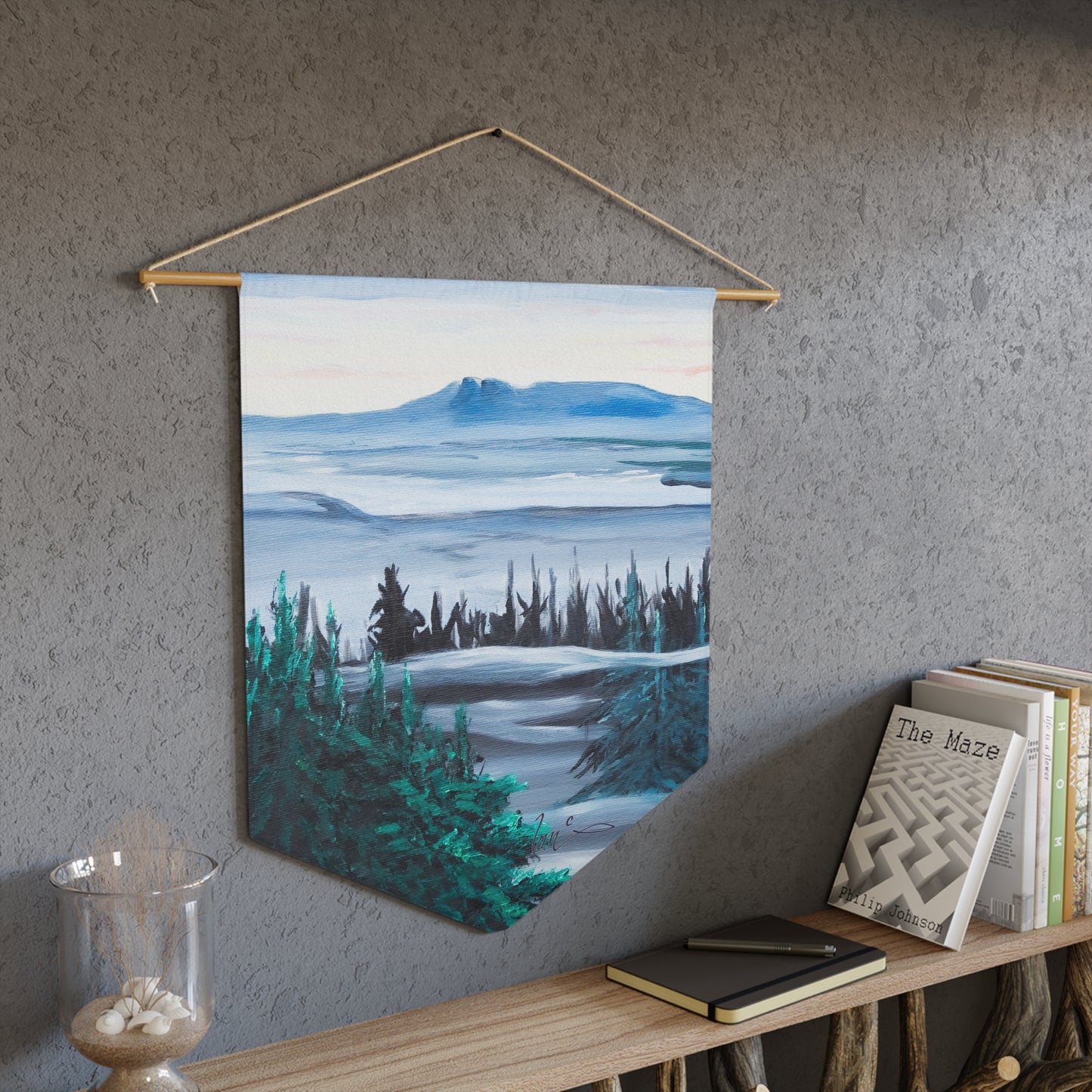 Mountain Mist Pennant Wall Banner — Serene Forest Landscape Hanging Decor