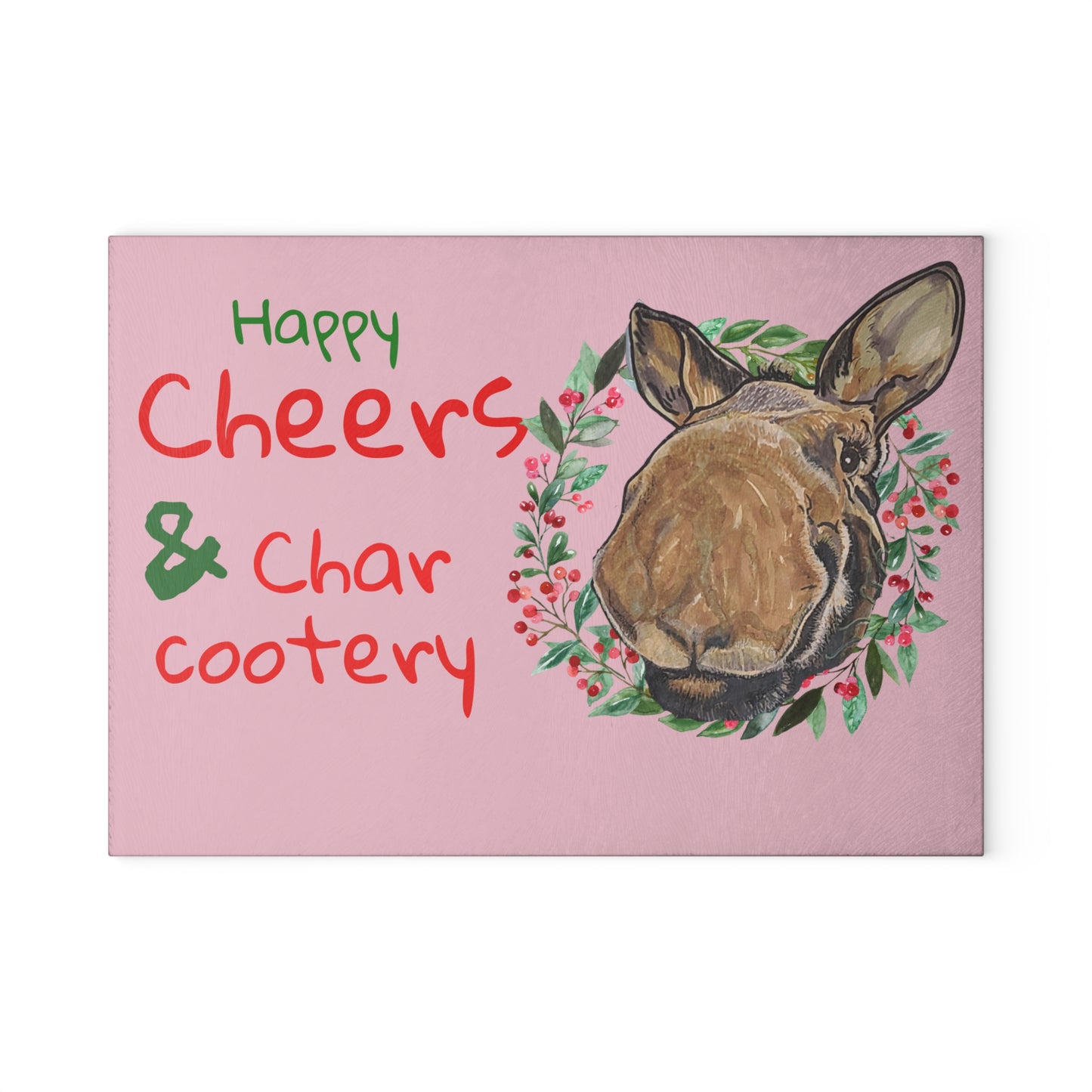 Glass Cutting Board — "Happy Cheers & Charcootery" Moose Design (Funny Kitchen Cutting Board Gift)