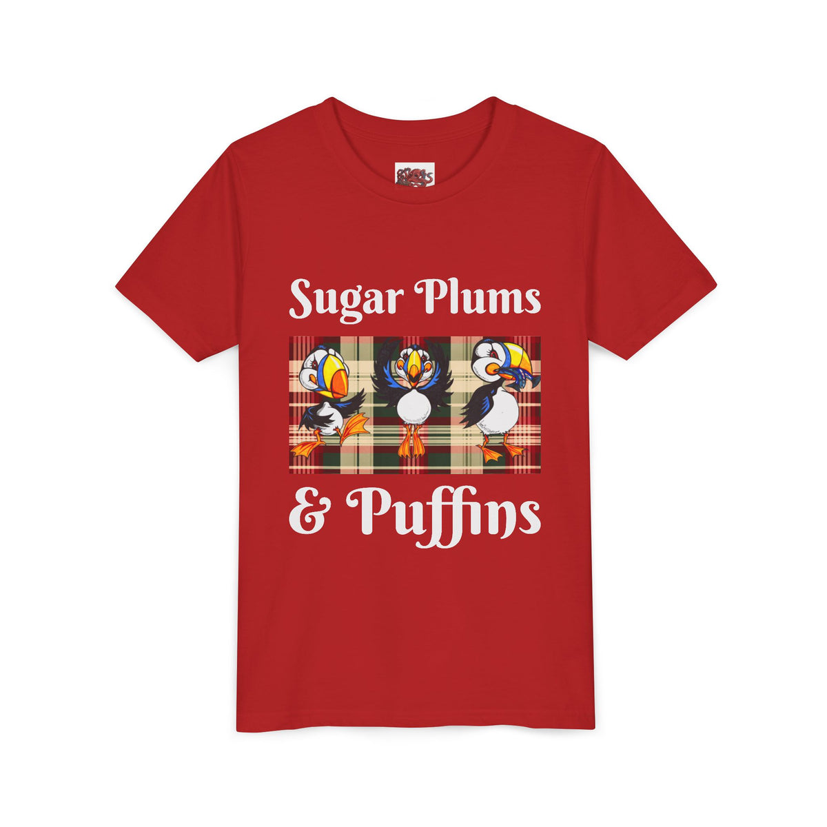 Youth Tee — Cute Christmas Puffin Trio on Plaid |