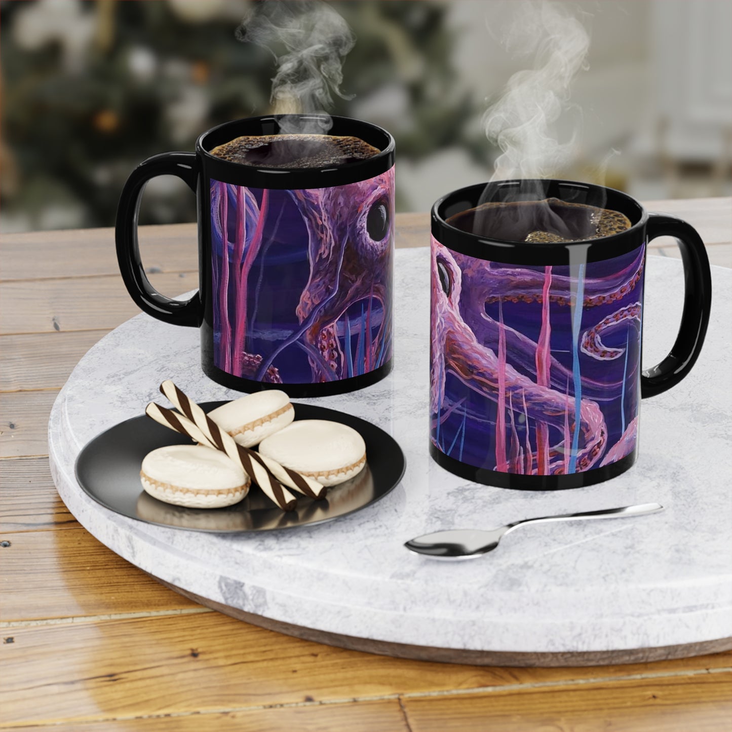 Octopus Nightscape Coffee Mug — Surreal Deep Sea Art, 11oz Black Ceramic