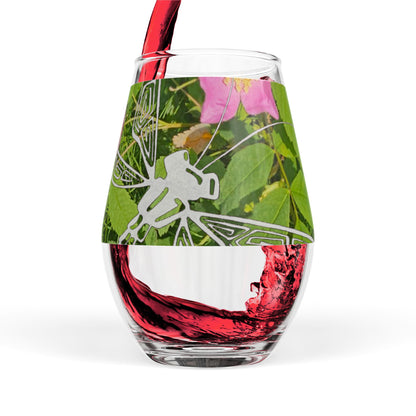 Stemless Wine Glass with Dragonfly & Pink Flower Nature Design — 11.75 oz