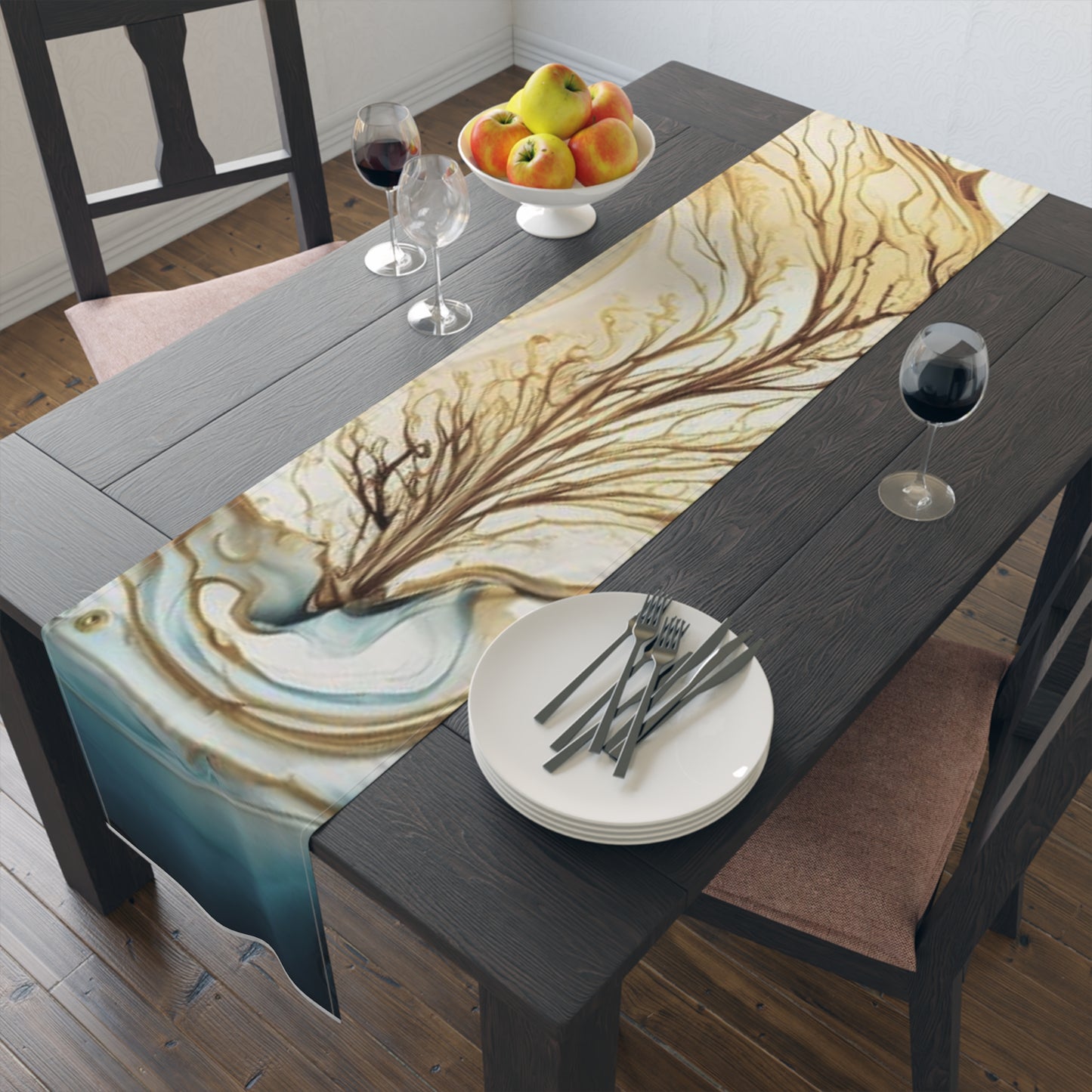 Coastal Marble Table Runner — Teal & Gold Abstract Dining Decor