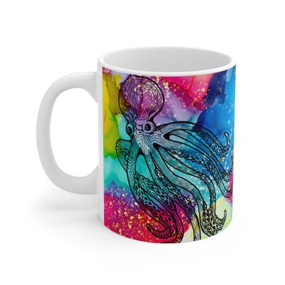 Abstract Rainbow Octopus Mug — Bright Neon Color Splash Coffee Cup