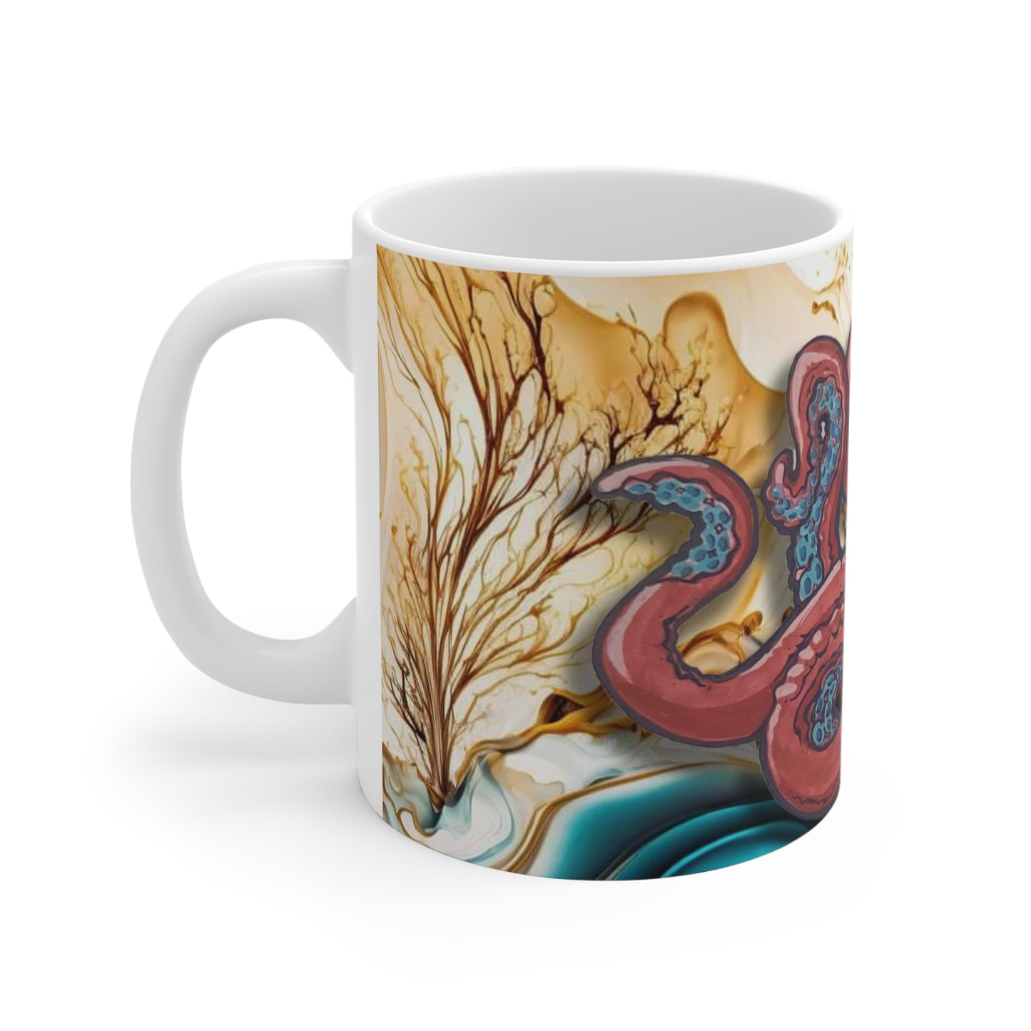 11oz Mug — Abstract Golden Seaweed Octopus Art Coffee Cup