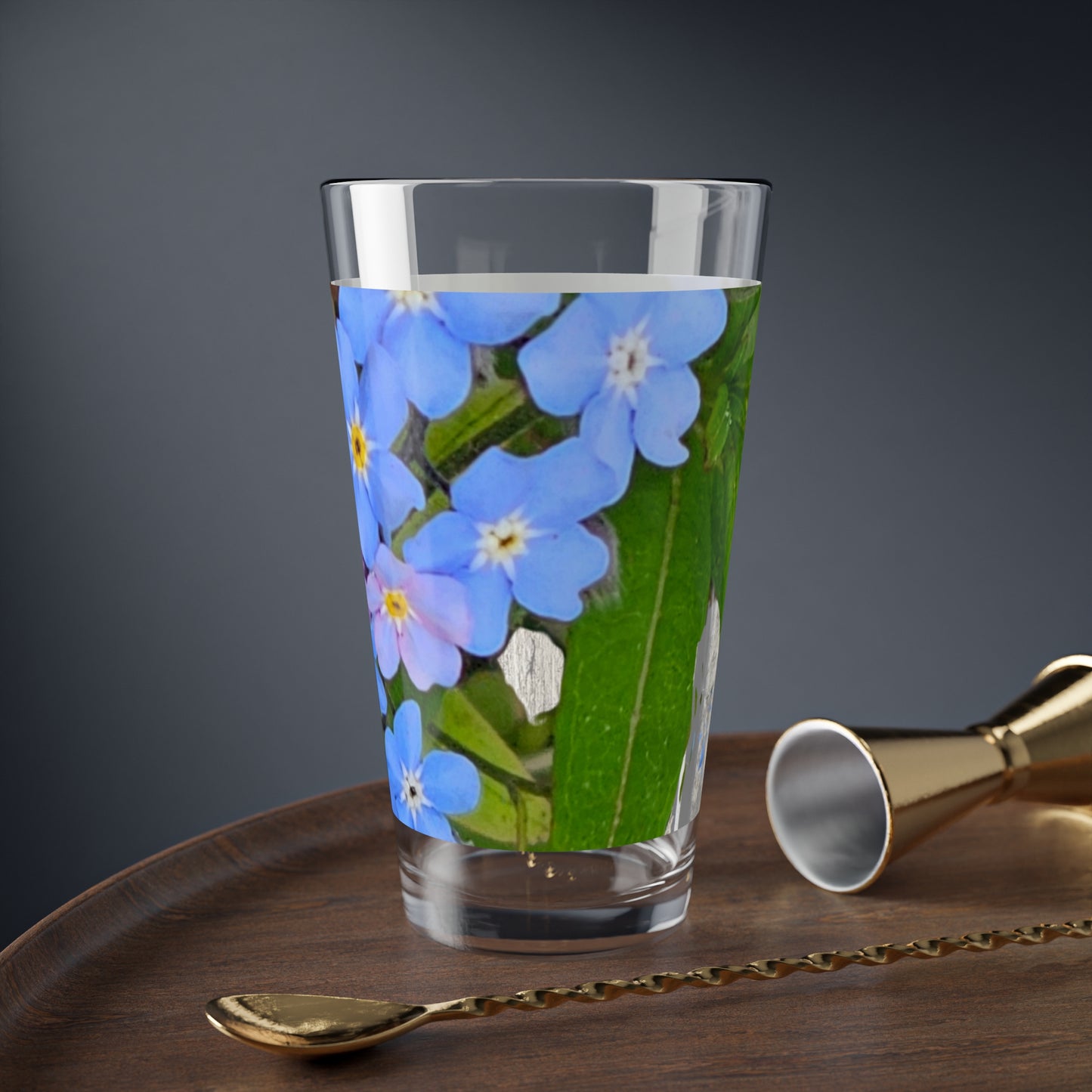 Mixing Glass - Blue Forget-Me-Not Floral Pint Glass (16oz)