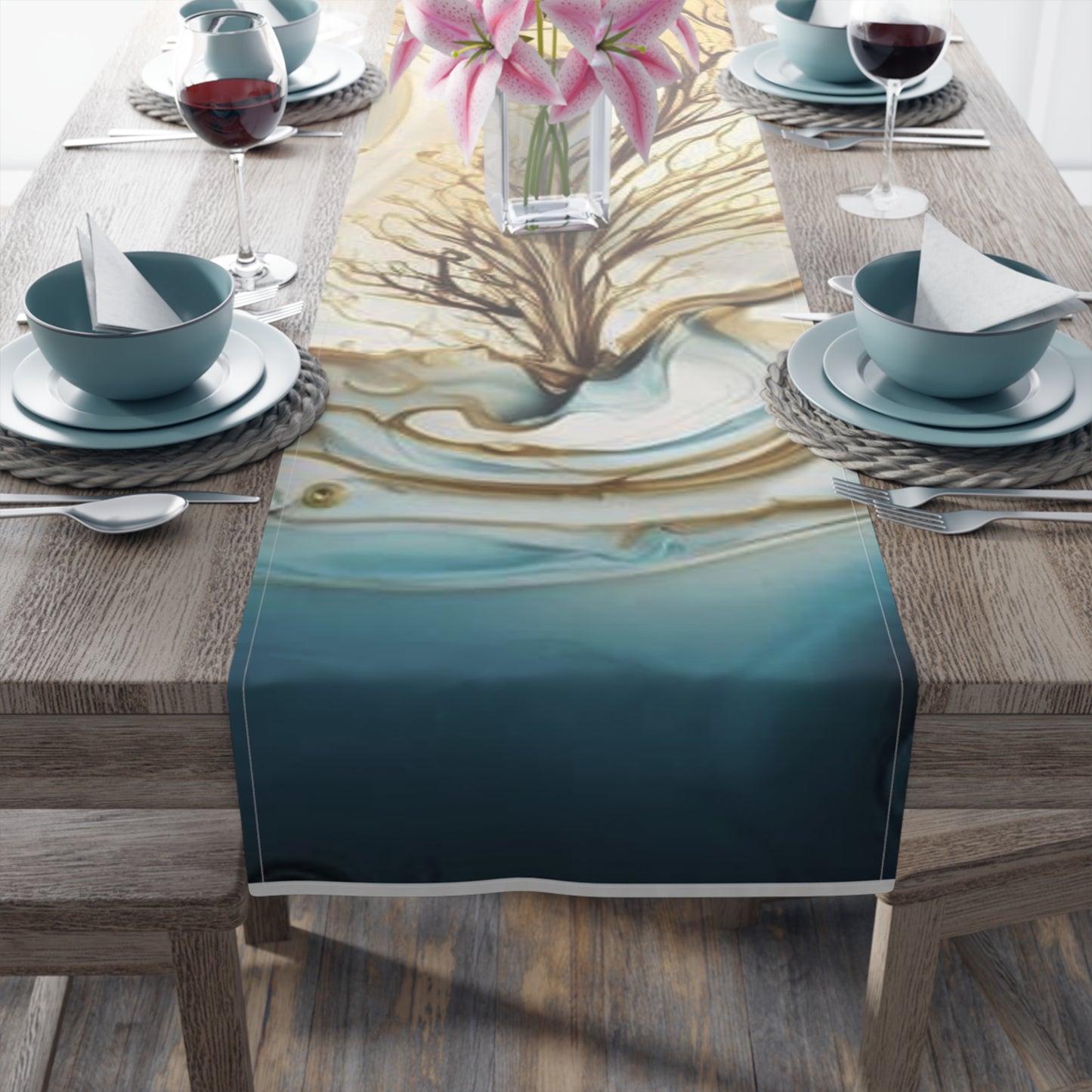 Coastal Marble Table Runner — Teal & Gold Abstract Dining Decor