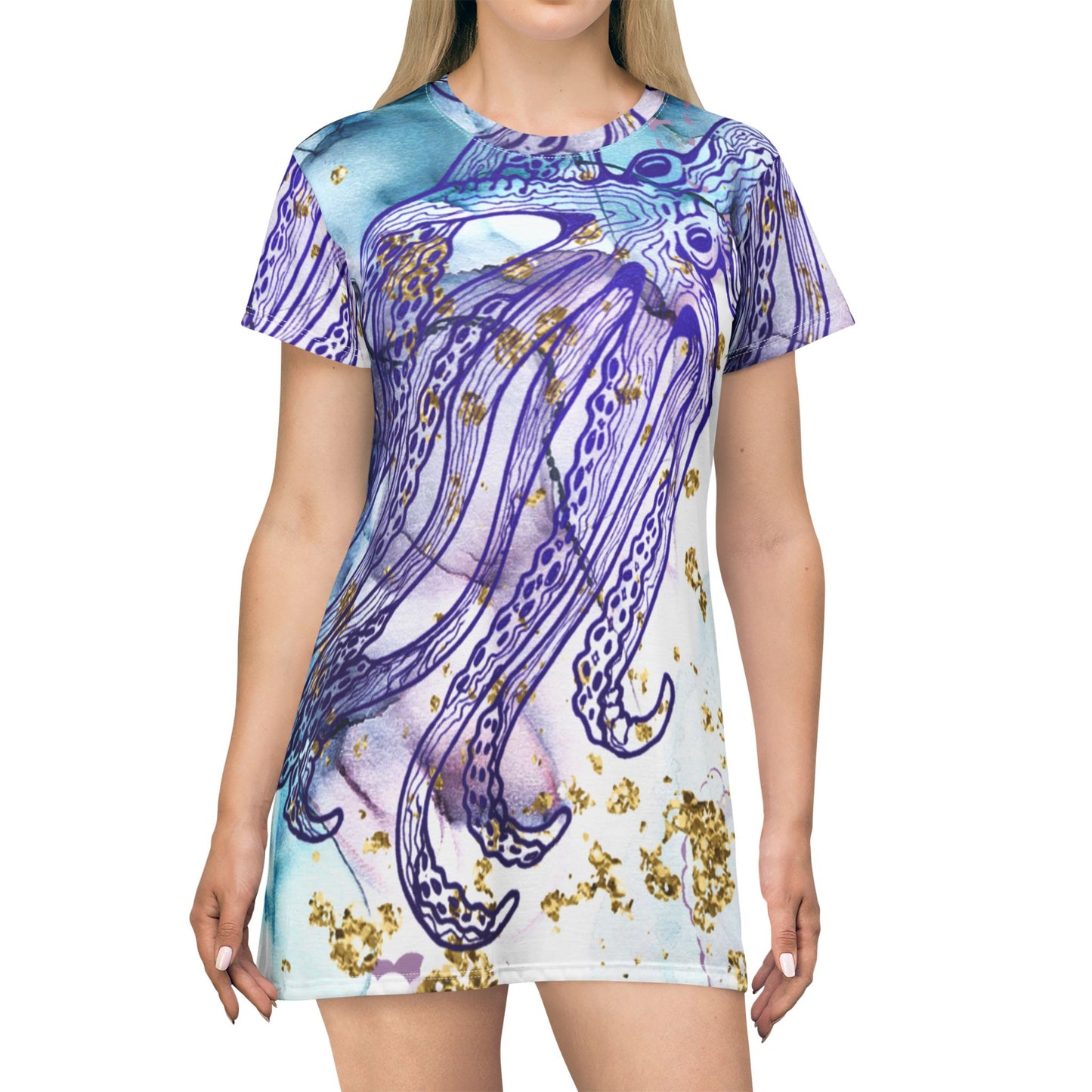 Octopus Watercolor T-Shirt Dress — Blue Purple Sea Life AOP