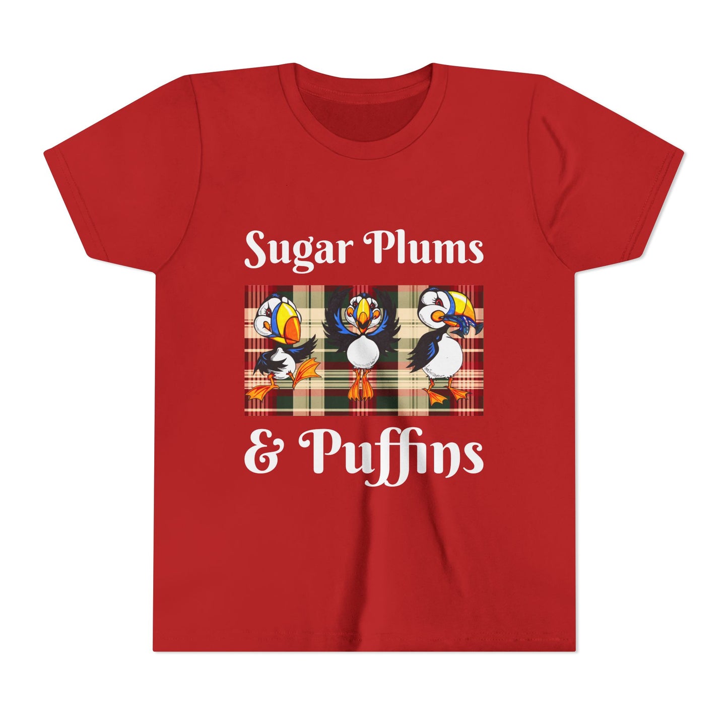 Youth Tee — Cute Christmas Puffin Trio on Plaid |