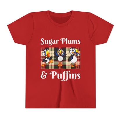 Youth Tee — Cute Christmas Puffin Trio on Plaid |