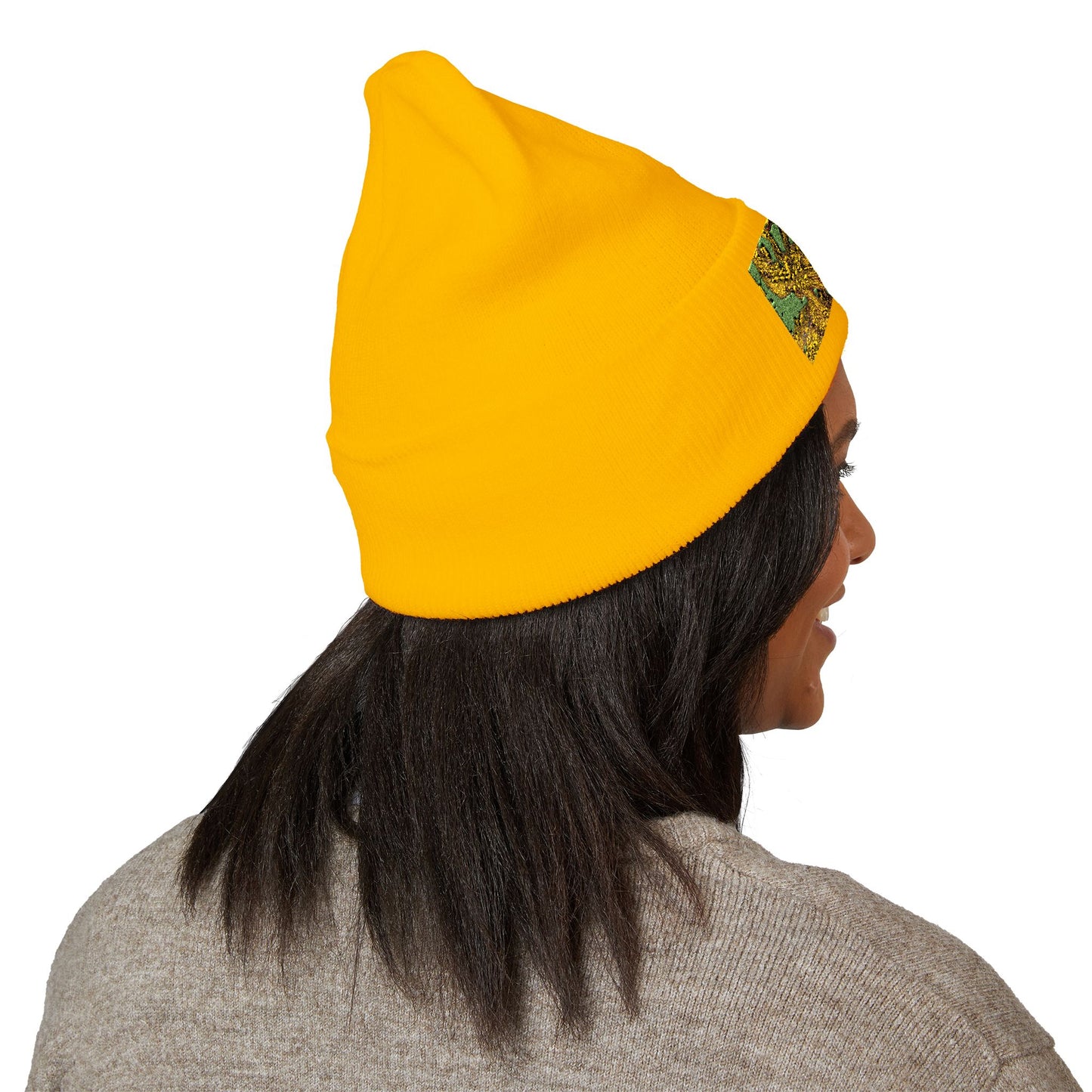 Embroidered Yellow Abstract Beanie — Cuffed Knit Winter Hat