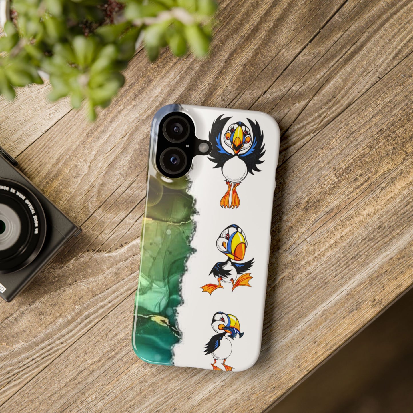 Slim Phone Case – Cute Puffin Pattern with Teal Marble Accent