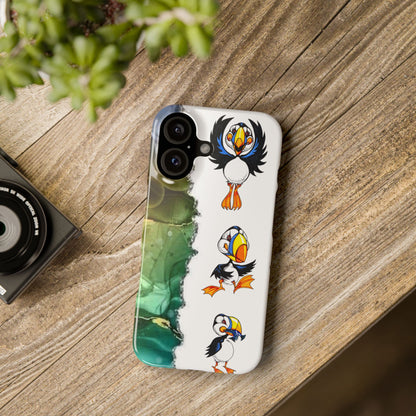 Slim Phone Case – Cute Puffin Pattern with Teal Marble Accent