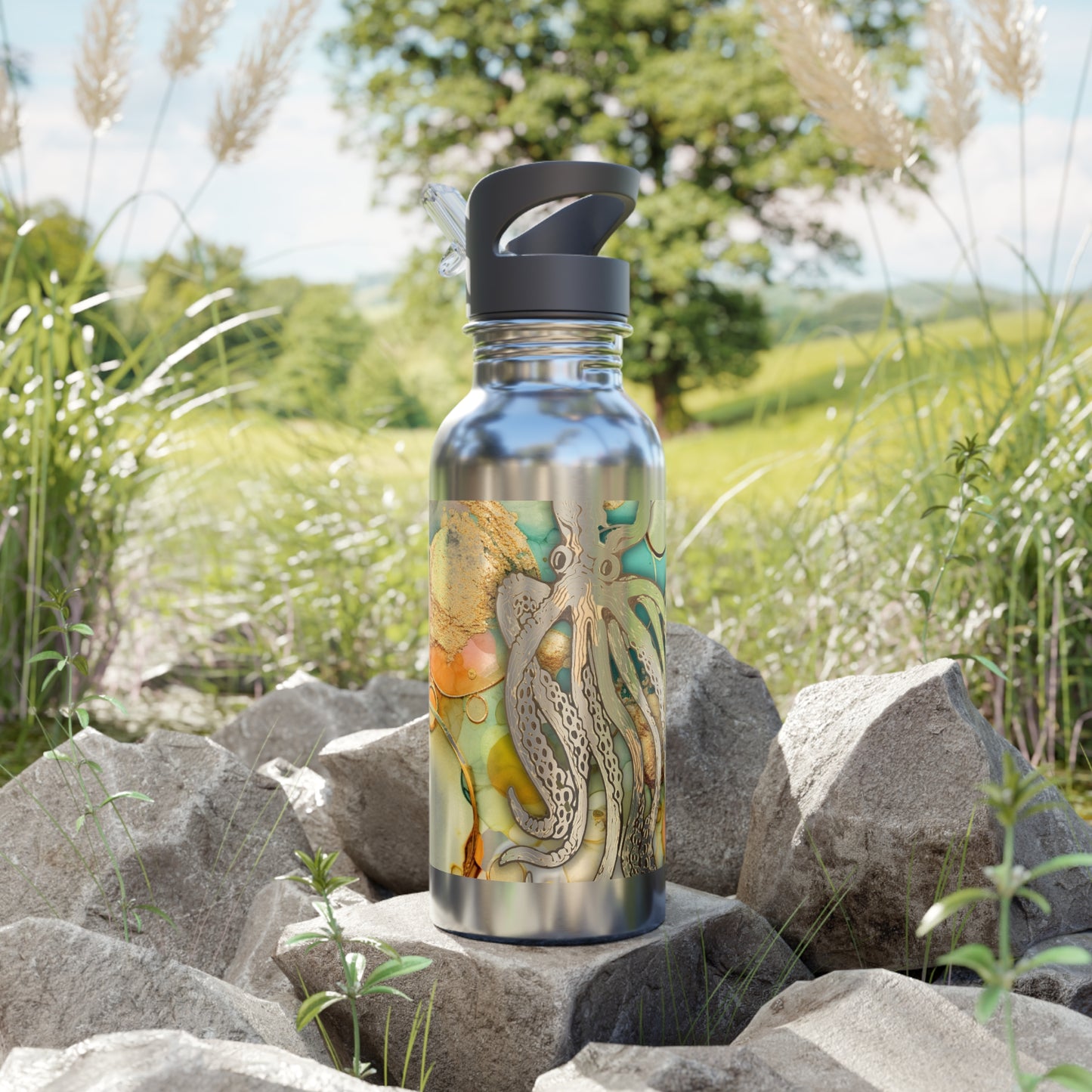 20oz Stainless Steel Water Bottle — Octopus Ocean Art with Straw Lid