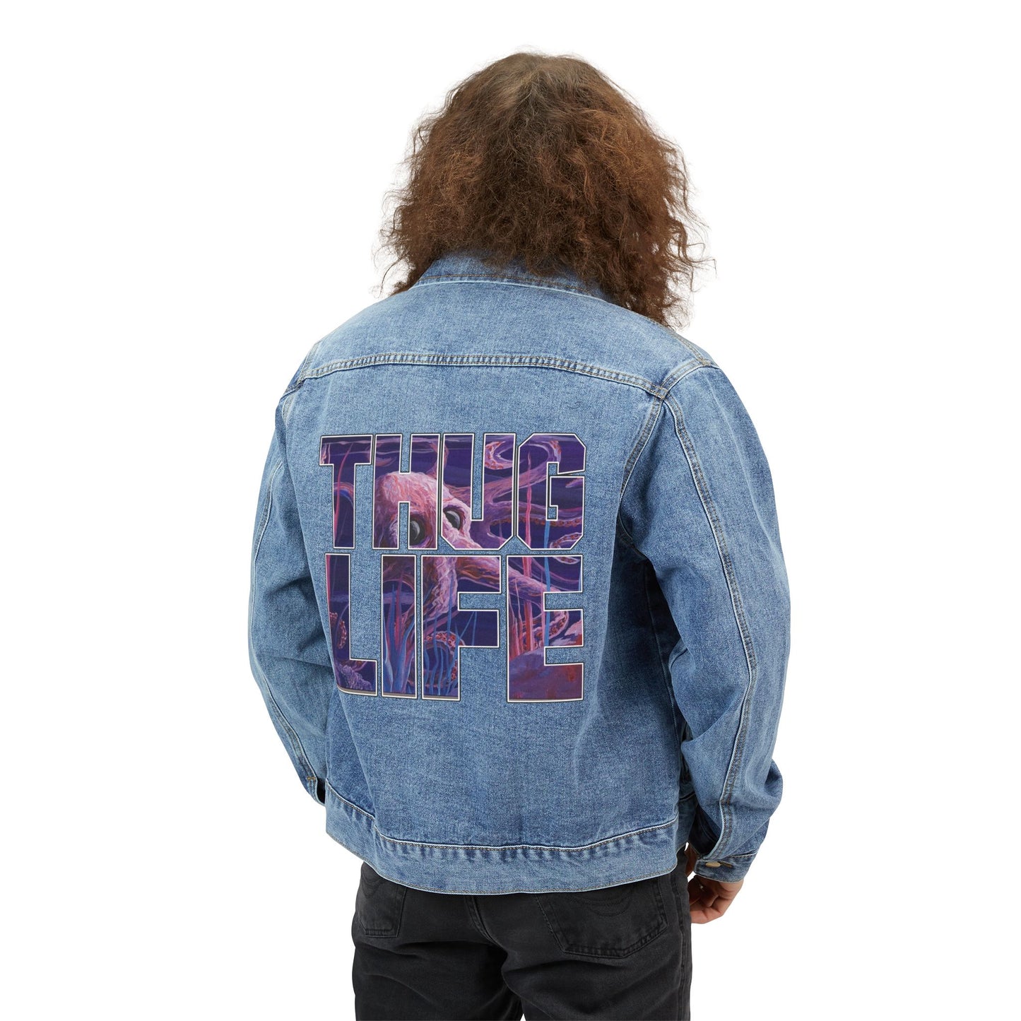 Men's Denim Jacket — 'T H Life' Graphic Back Patch Fashion Jacket