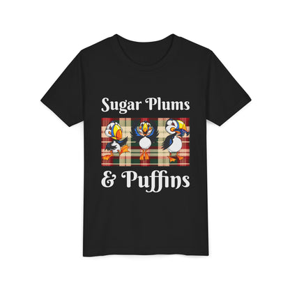 Youth Tee — Cute Christmas Puffin Trio on Plaid |