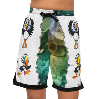 Basketball Shorts — Green Marble & Puffin All-Over-Print Rib Shorts
