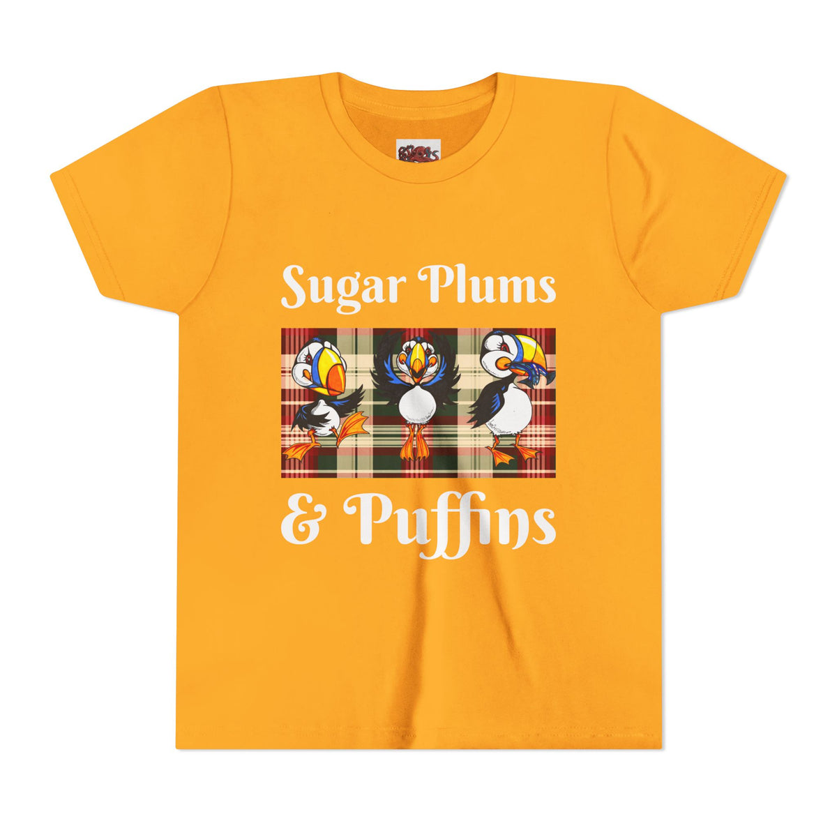 Youth Tee — Cute Christmas Puffin Trio on Plaid |