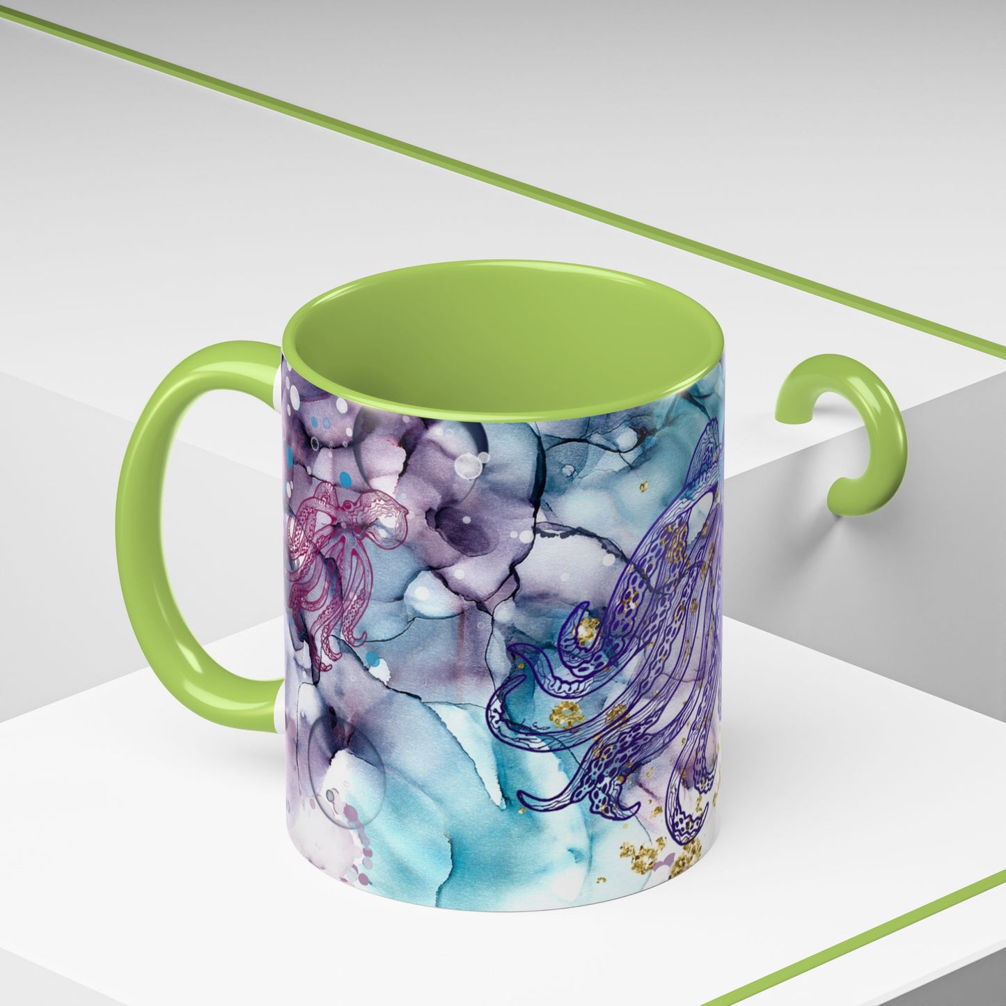 Octopus Watercolor Coffee Mug — Ocean Jellyfish Art Accent Mug (11/15oz)