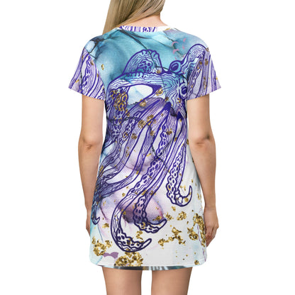 Octopus Watercolor T-Shirt Dress — Blue Purple Sea Life AOP