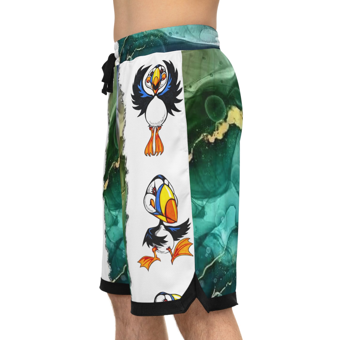 Basketball Shorts — Green Marble & Puffin All-Over-Print Rib Shorts