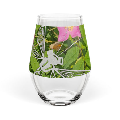 Stemless Wine Glass with Dragonfly & Pink Flower Nature Design — 11.75 oz