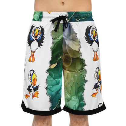 Basketball Shorts — Green Marble & Puffin All-Over-Print Rib Shorts