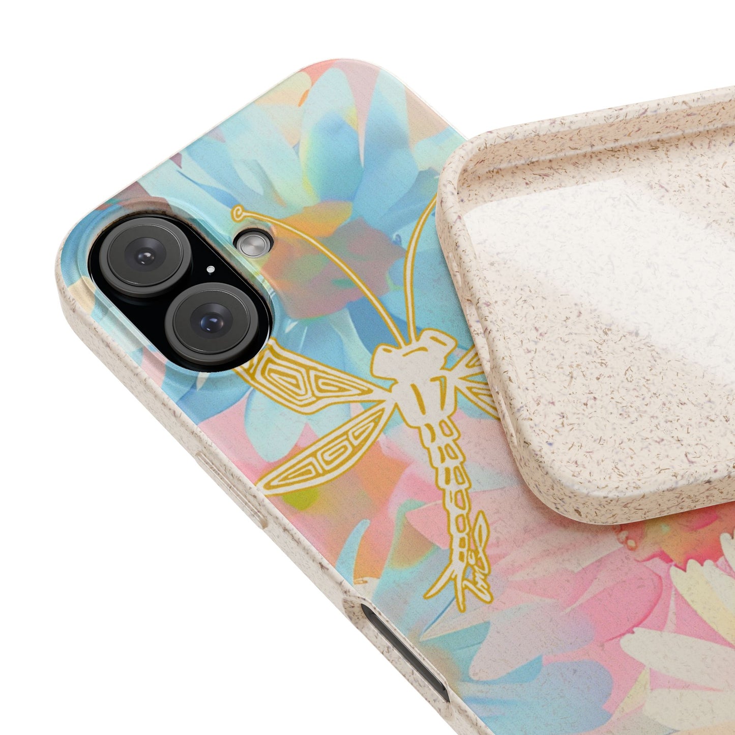 Biodegradable Floral Dragonfly Phone Case – Eco-Friendly Pastel iPhone Cover