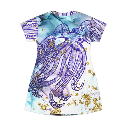 Octopus Watercolor T-Shirt Dress — Blue Purple Sea Life AOP