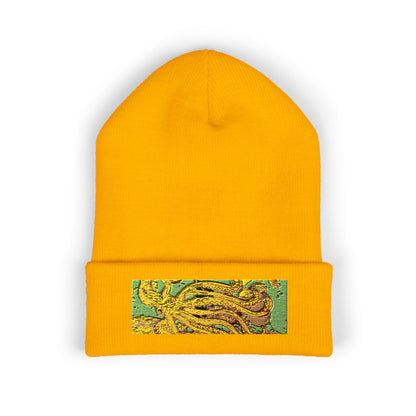 Embroidered Yellow Abstract Beanie — Cuffed Knit Winter Hat