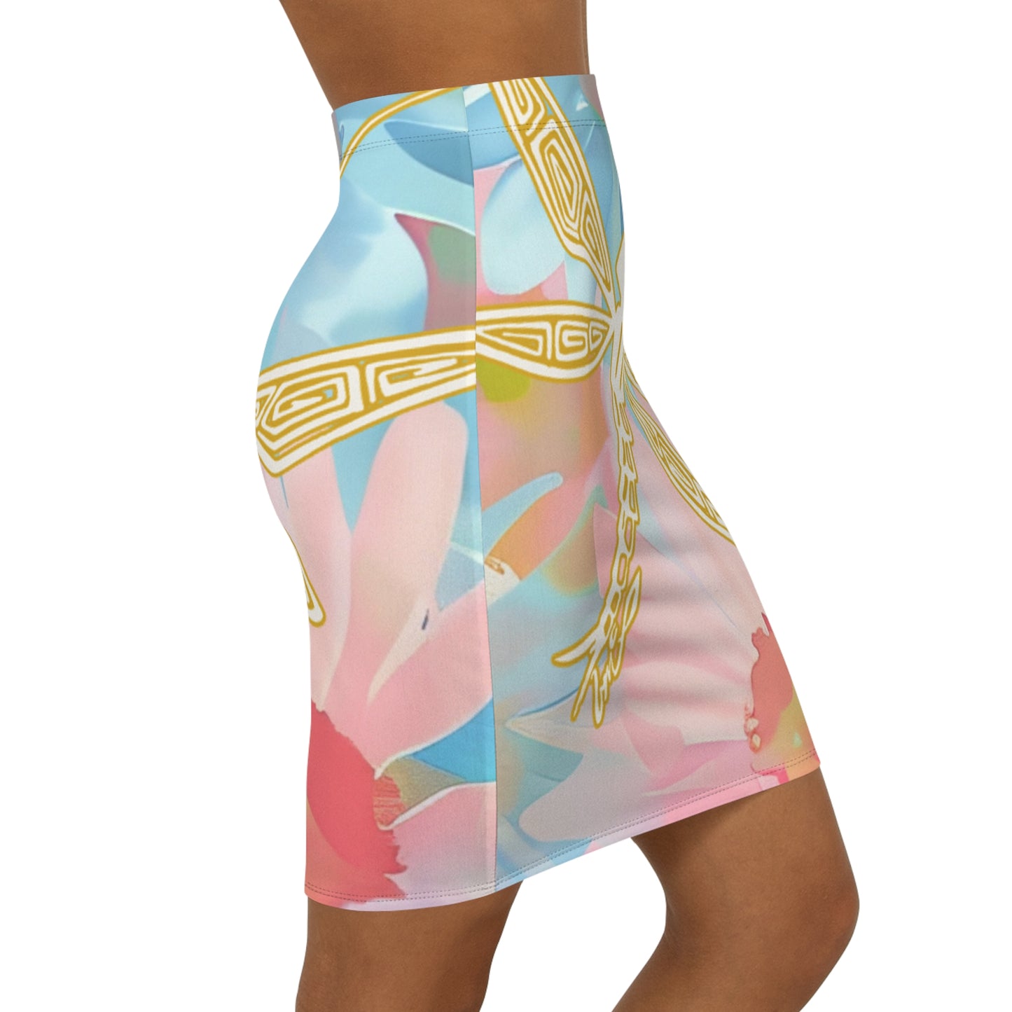 Dragonfly Bloom Pencil Skirt — Pastel Floral AOP