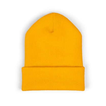Embroidered Yellow Abstract Beanie — Cuffed Knit Winter Hat