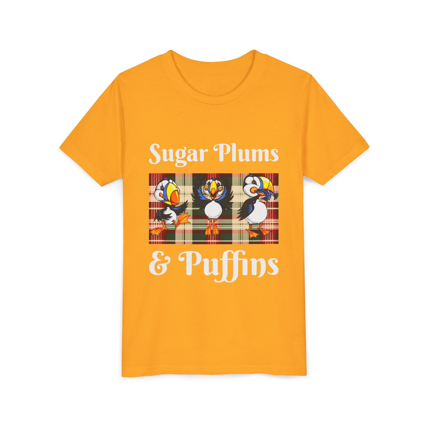 Youth Tee — Cute Christmas Puffin Trio on Plaid |
