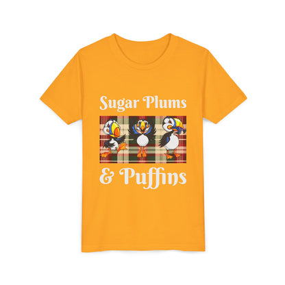 Youth Tee — Cute Christmas Puffin Trio on Plaid |